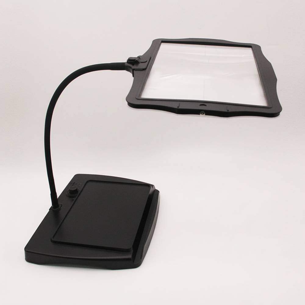 LED magnifying lamp with adjustable neck for hands-free reading, crafting, and hobbies. Rechargeable visual aid.