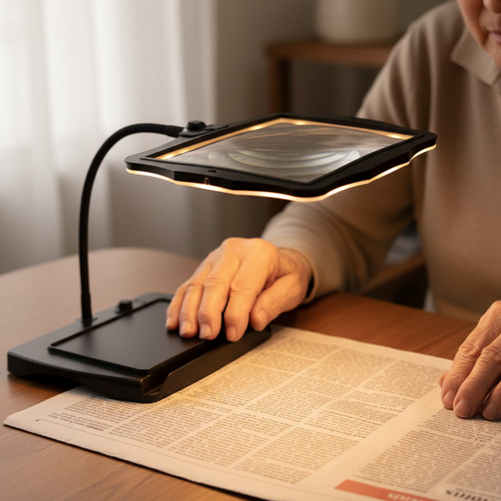 Portable LED desk lamp with magnifier for precise crafts, hobbies, and detailed reading. Rechargeable, hands-free.