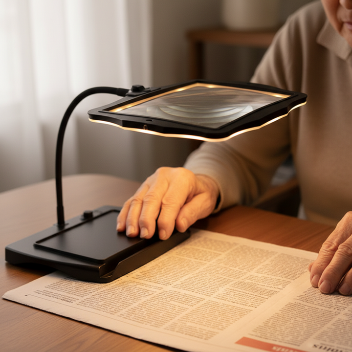 Portable LED desk lamp with magnifier for precise crafts, hobbies, and detailed reading. Rechargeable, hands-free.