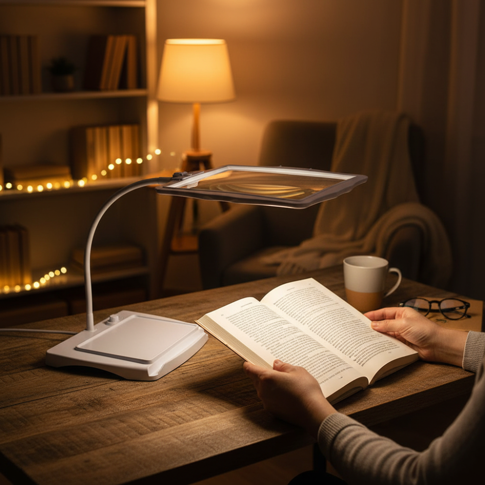 Adjustable LED magnifying lamp for clear vision during reading, intricate crafts & hobbies. Rechargeable visual aid.