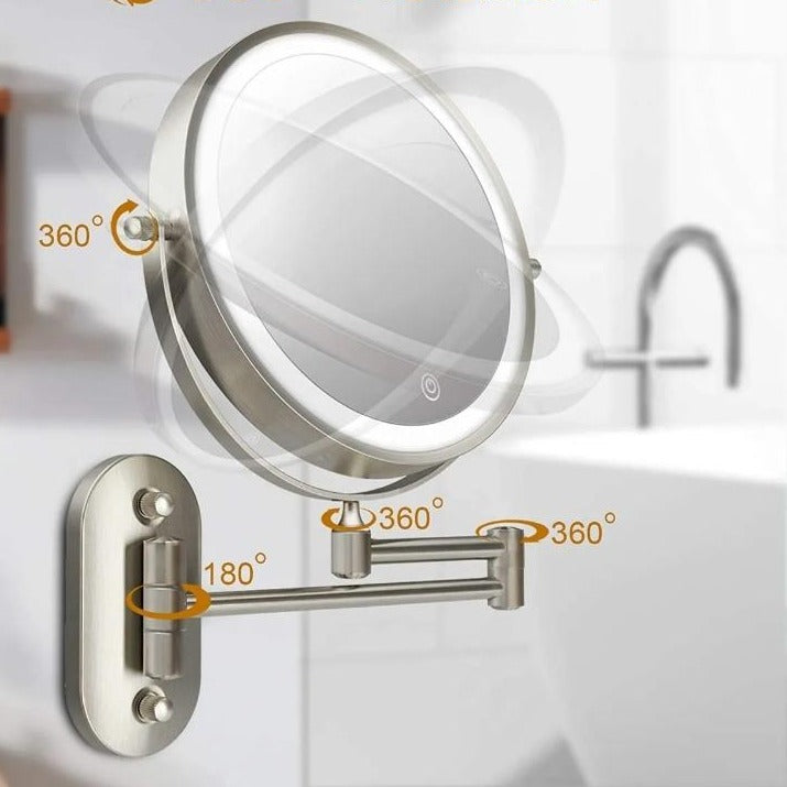 LED makeup mirror with chrome finish, adjustable lighting, magnification options, and portable design for precise beauty.