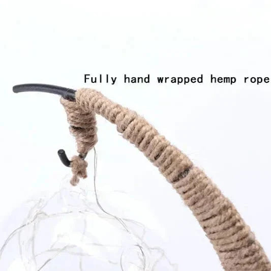 "LED Moon Star Night Light with hemp rope, moon-shaped, emits warm glow, ideal decor for cozy rooms, rustic charm."