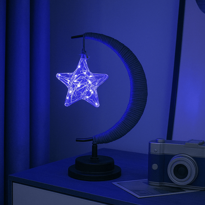 "LED Moon Star Night Light with hemp rope, moon-shaped, emits warm glow, ideal decor for cozy rooms, rustic charm."