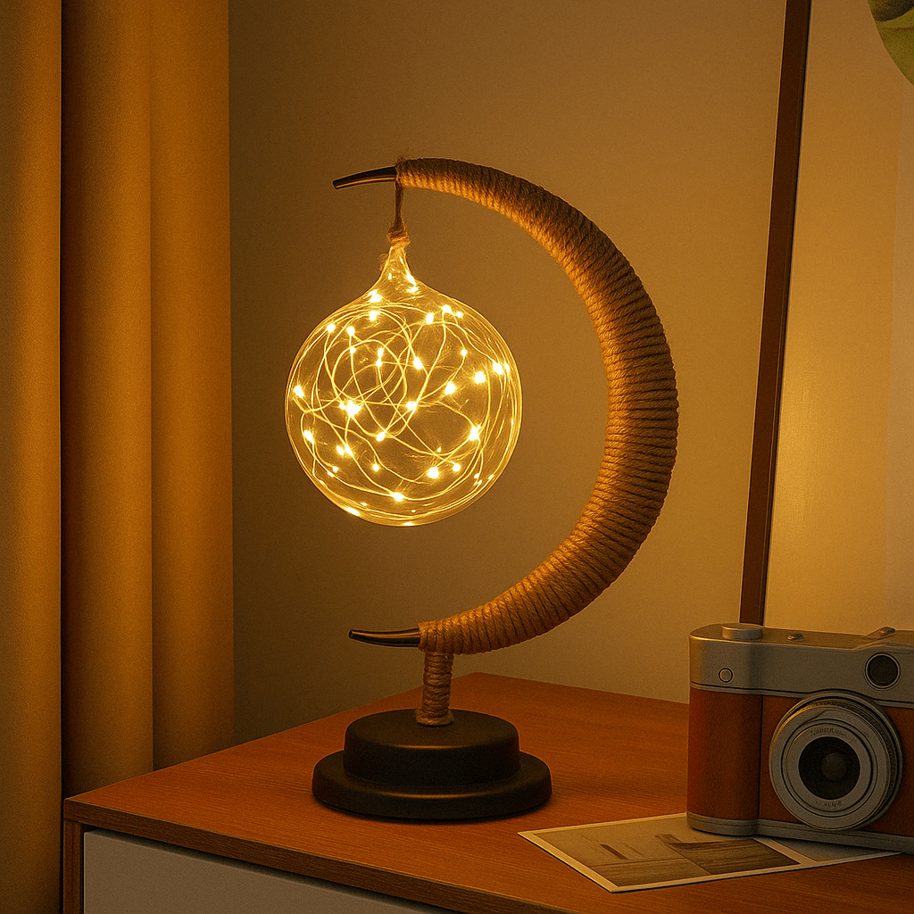 "LED Moon Star Night Light with hemp rope, moon-shaped, emits warm glow, ideal decor for cozy rooms, rustic charm."