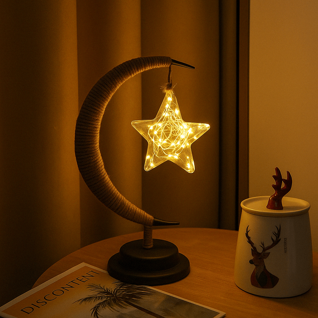 "LED Moon Star Night Light with hemp rope, moon-shaped, emits warm glow, ideal decor for cozy rooms, rustic charm."