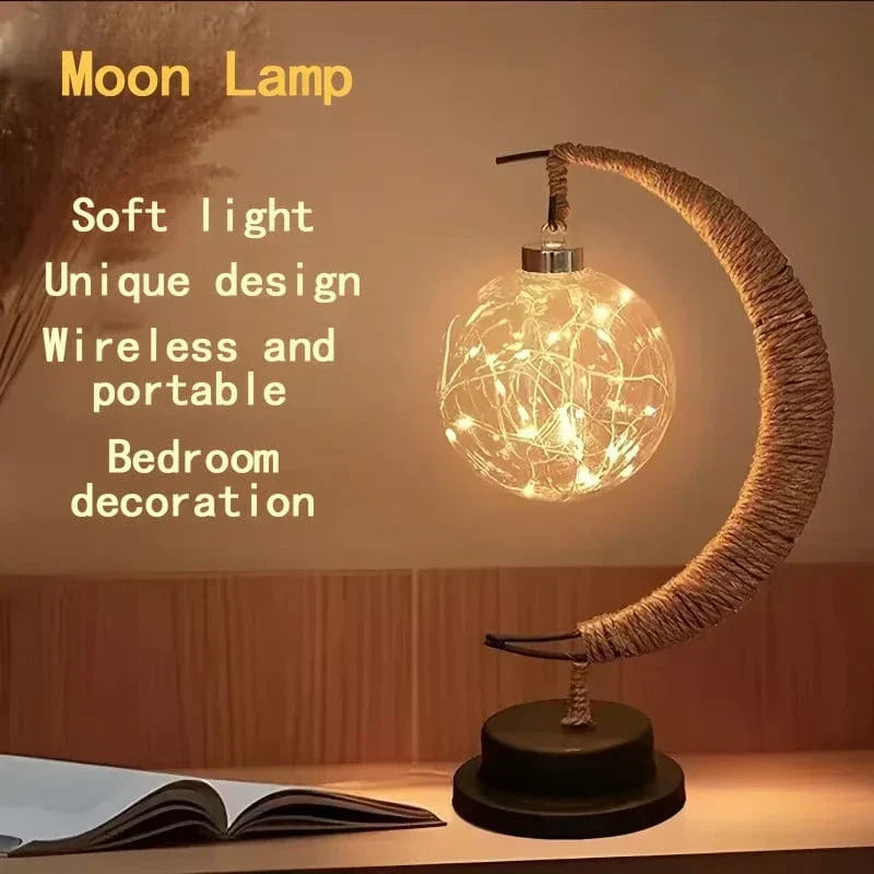 "LED Moon Star Night Light with hemp rope, moon-shaped, emits warm glow, ideal decor for cozy rooms, rustic charm."