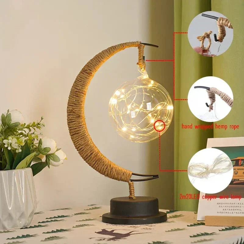 "LED Moon Star Night Light with hemp rope, moon-shaped, emits warm glow, ideal decor for cozy rooms, rustic charm."