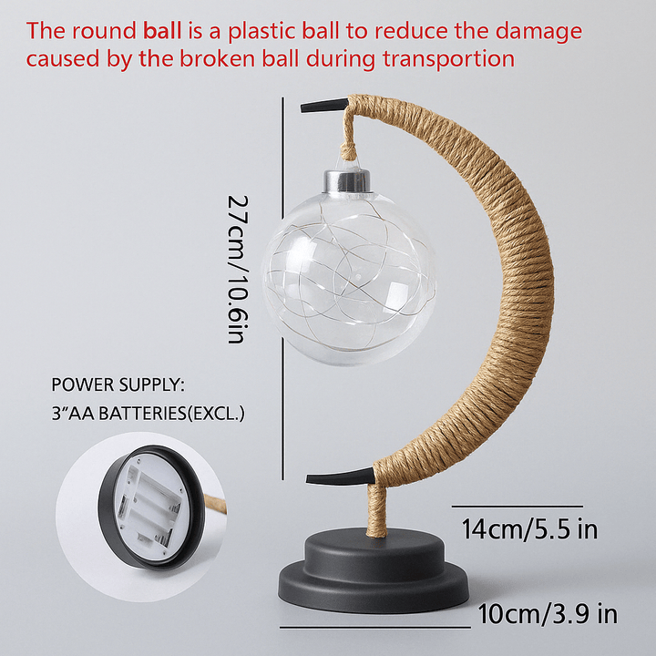 "LED Moon Star Night Light with hemp rope, moon-shaped, emits warm glow, ideal decor for cozy rooms, rustic charm."