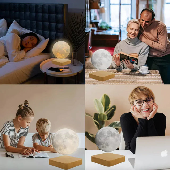 Elegant LunaFloat levitating moon lamp, floating light fixture, ideal for modern home & bedroom decor.