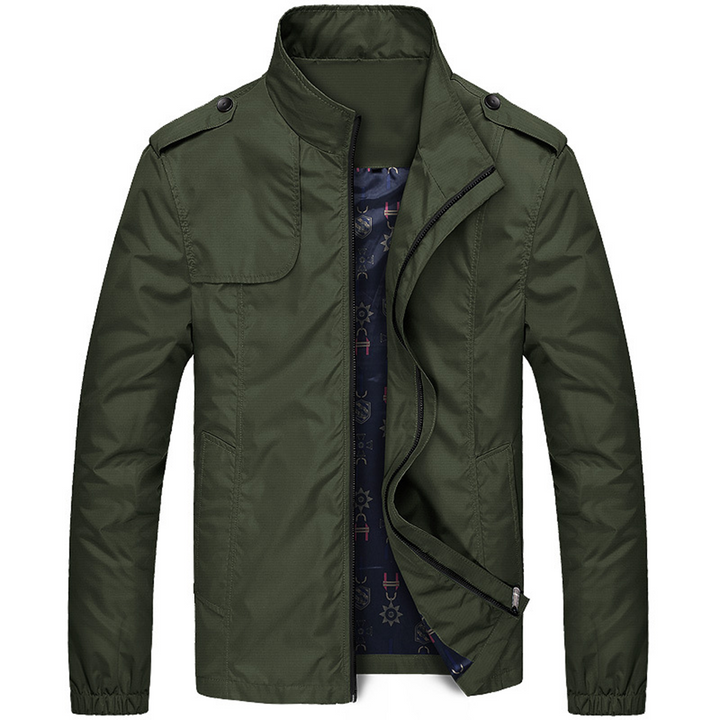 "Lightweight men's summer jacket in khaki with adjustable cuffs and breathable fabric for a cool, stylish look."