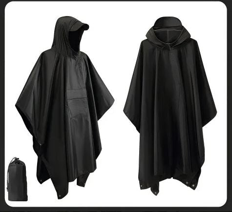 Lightweight unisex packable rain poncho for camping, hiking & travel. Waterproof outdoor protection, emergency gear.