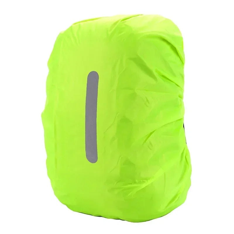 High-visibility reflective backpack rain cover for safety during night hikes or commuting in rainy conditions.