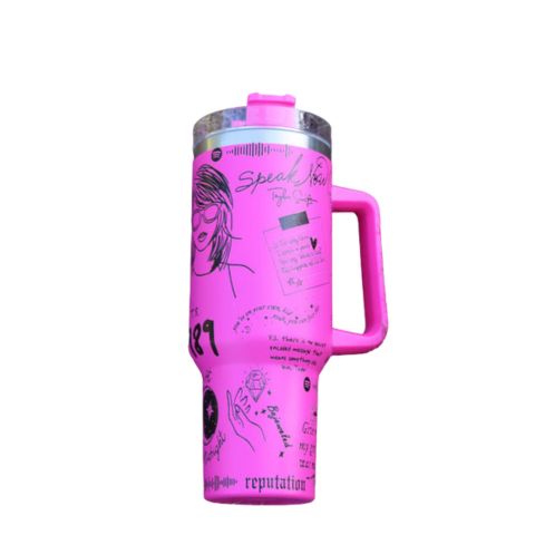 "Limited edition stainless steel tumbler with custom design, handwritten lyrics, vibrant colors, and ergonomic handle."