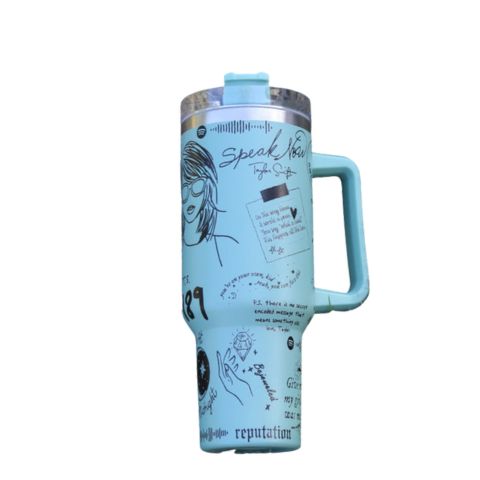 "Limited edition stainless steel tumbler with custom design, handwritten lyrics, vibrant colors, and ergonomic handle."