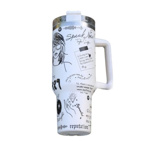 "Limited edition stainless steel tumbler with custom design, handwritten lyrics, vibrant colors, and ergonomic handle."