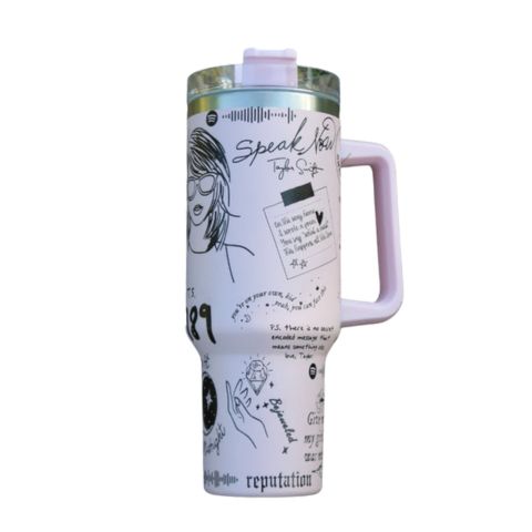 "Limited edition stainless steel tumbler with custom design, handwritten lyrics, vibrant colors, and ergonomic handle."