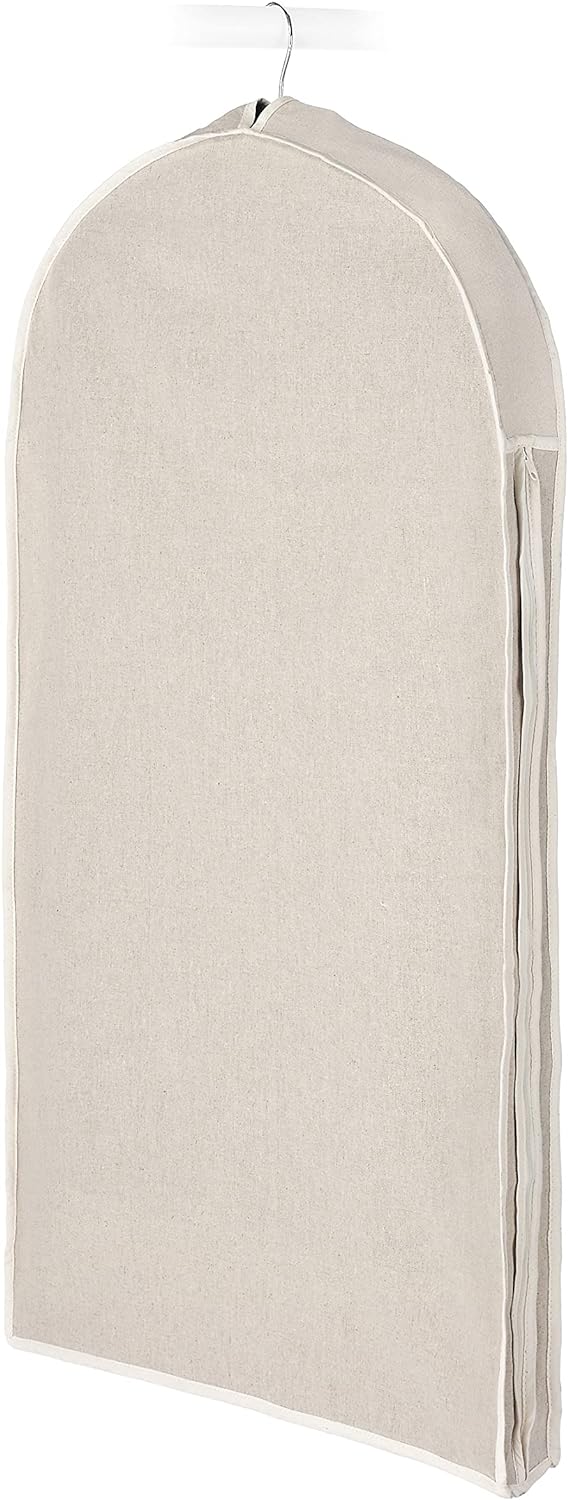 Linen dust-proof garment cover with zipper, protecting suits and clothing in wardrobe storage. Perfect closet solution.