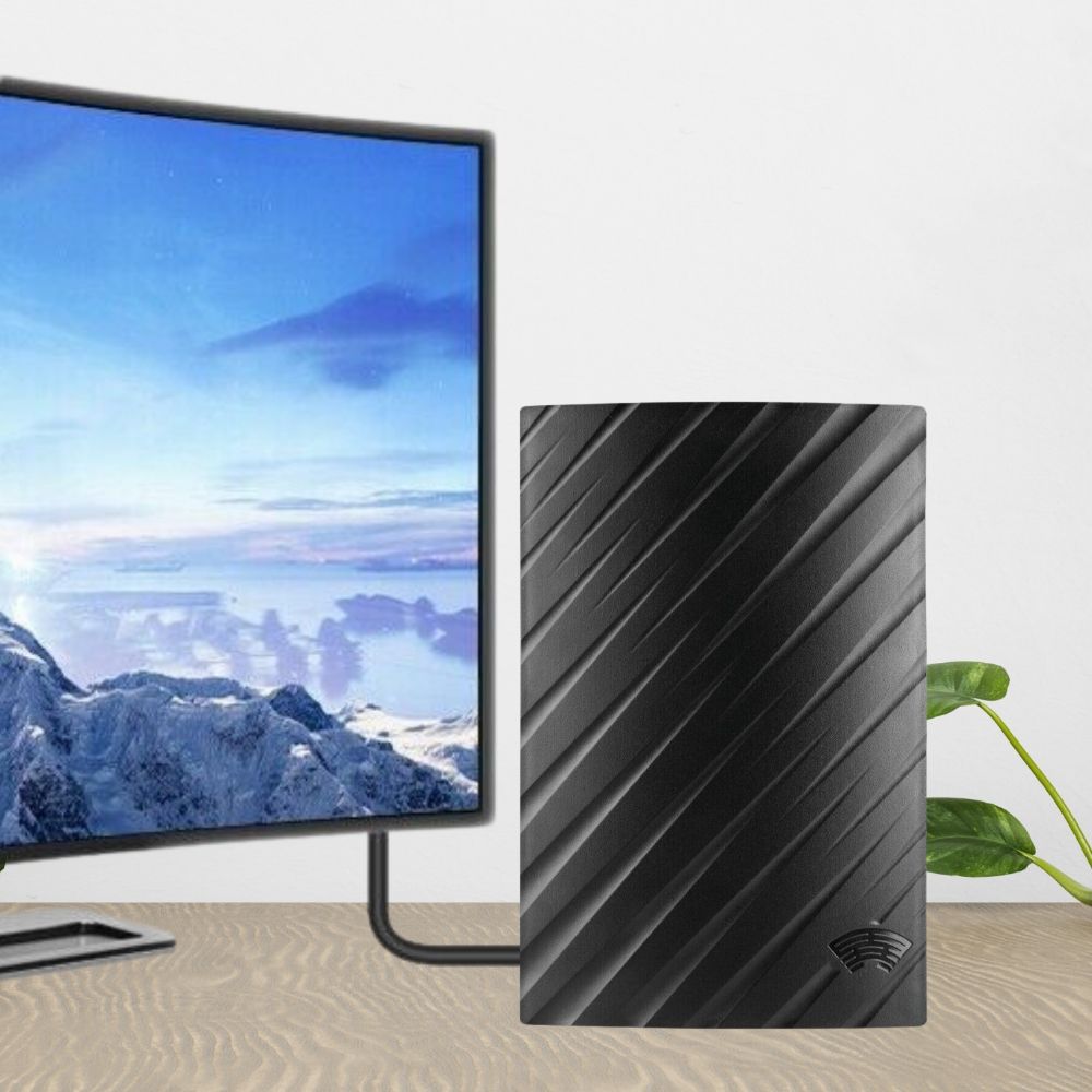 Long-range indoor HDTV 4K digital antenna with sleek black design, showcasing flexible installation and enhanced signal recep
