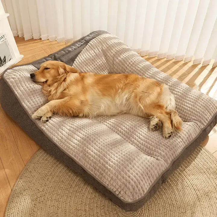 "Luxurious calming washable dog cushion in soft faux fur, available in sizes for all dogs, promotes stress-free relaxation."