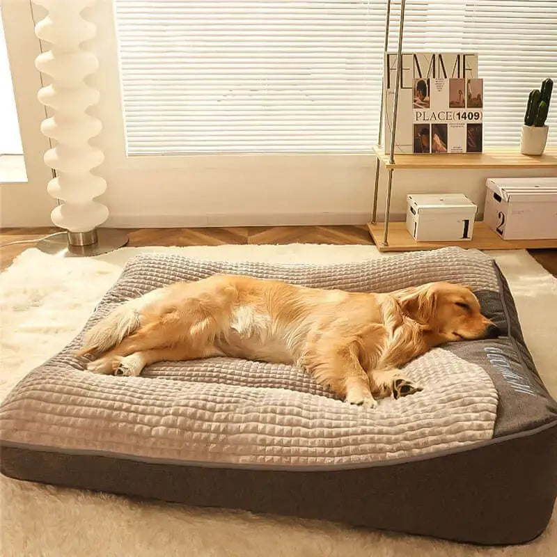 "Luxurious calming washable dog cushion in soft faux fur, available in sizes for all dogs, promotes stress-free relaxation."