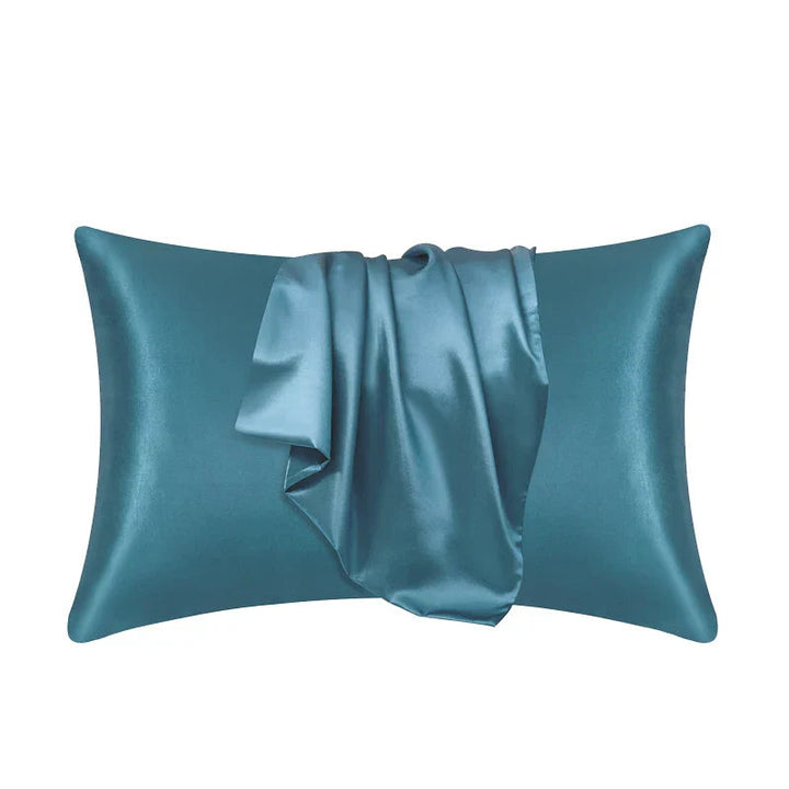 Luxurious mulberry silk pillowcase, unisex, pure silk, close-up of elegant smooth texture enhances skin and hair health.