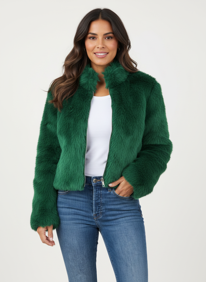 Stylish women's short winter jacket, chic fashion outerwear, offering warmth and elegant versatility.