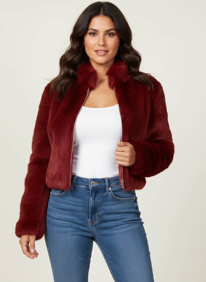 Elegant women's short winter jacket, luxurious design, warm and chic for fashionable cold weather.