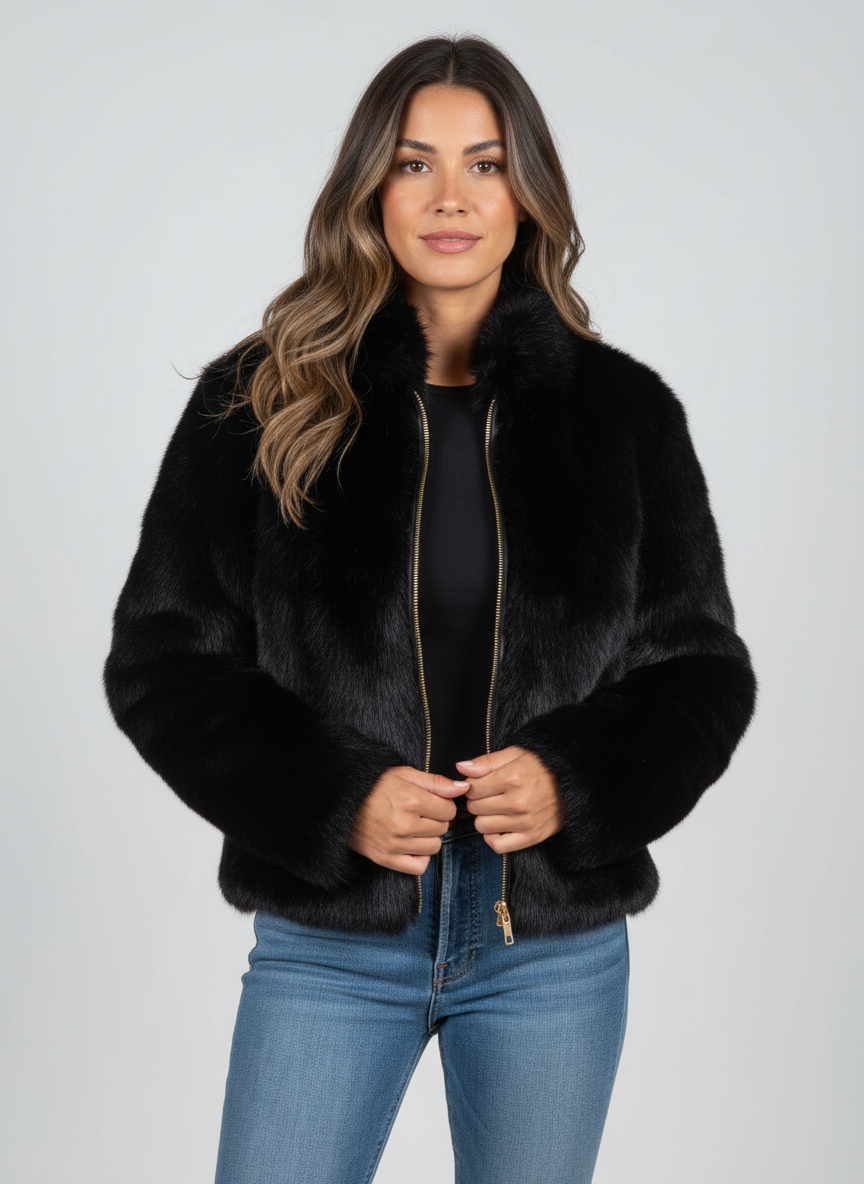 Modern women's short winter jacket, stylish and warm, perfect chic outerwear for elegant seasonal fashion.