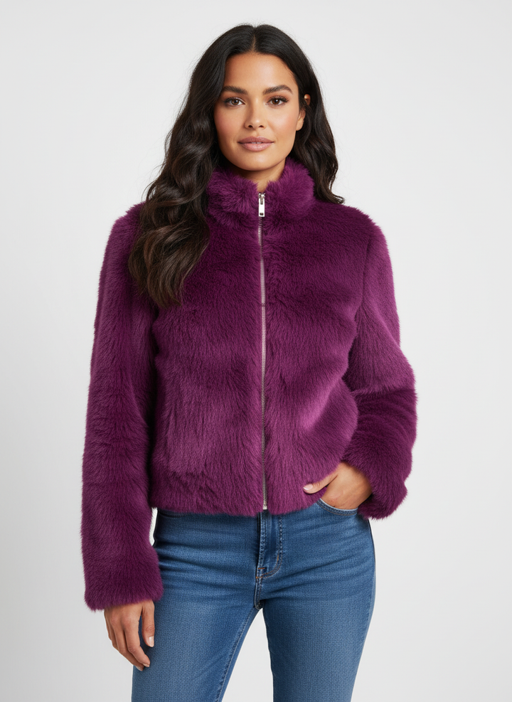 Chic women's short winter jacket, luxurious and warm, versatile fashion outerwear for elegant cold weather.