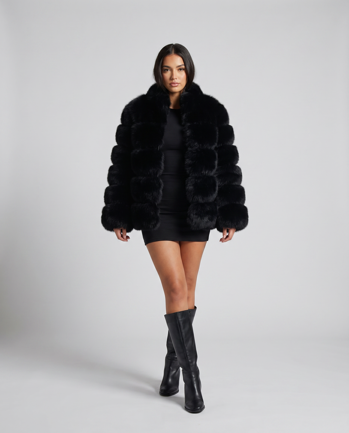 Luxurious women's faux fur jacket, perfect for stylish winter warmth. Elegant and cozy outerwear for ladies.