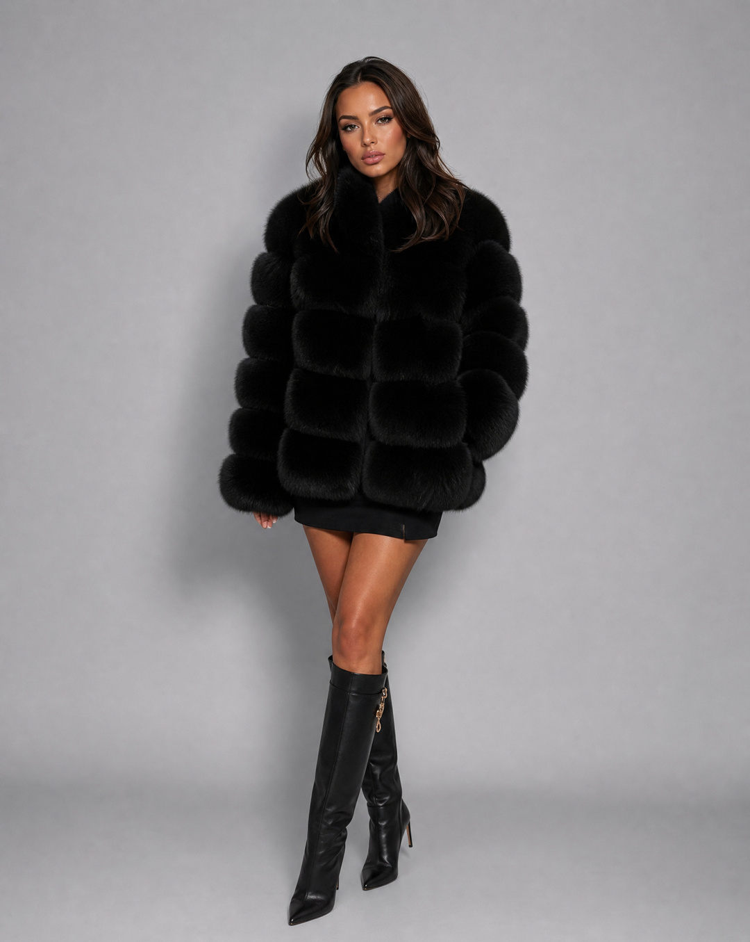 Plush women's faux fur jacket, featuring a soft texture, ideal for elegant cold weather and stylish outerwear.