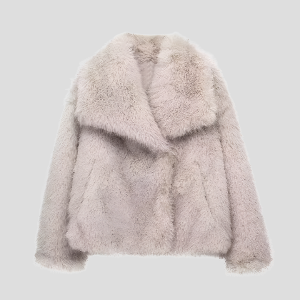 Luxurious women's plush winter jacket. Soft, elegant outerwear for cold weather, offering a cozy and stylish tailored fit.
