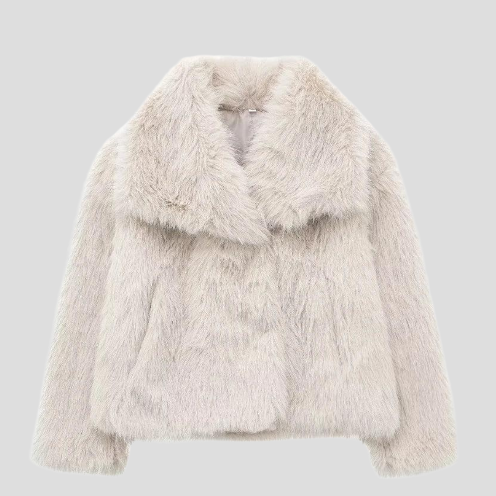Stylish women's plush winter coat, ideal for cold weather. Features a soft texture, elegant design, and luxury fashion look.