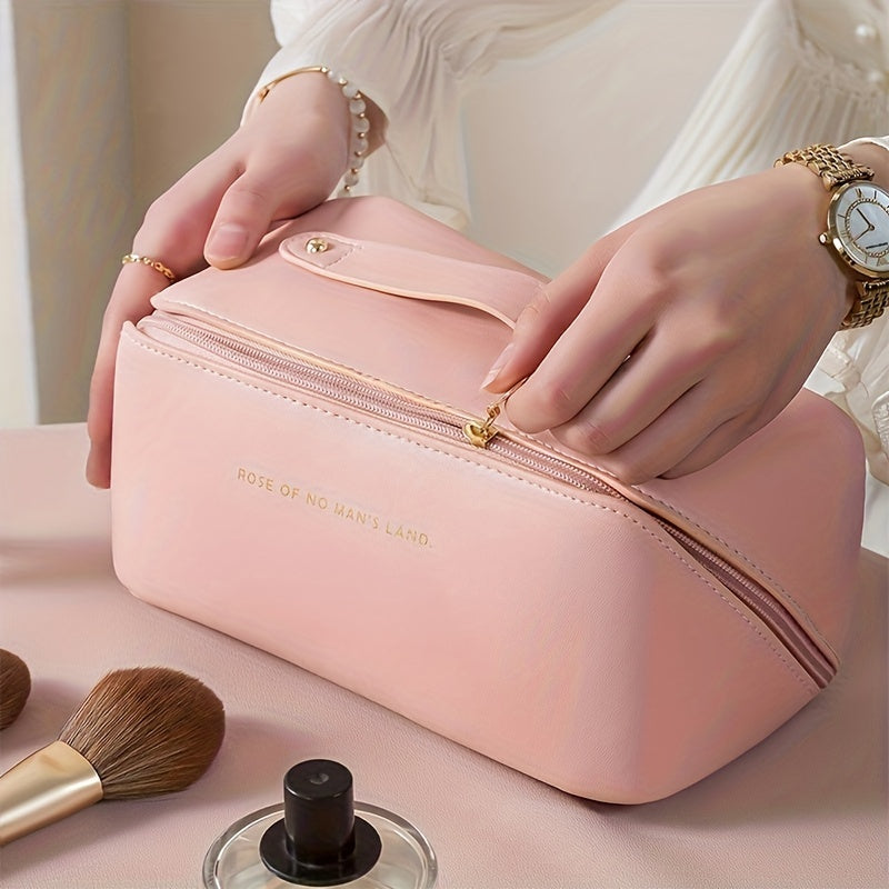 Compact travel makeup bag, PU leather, with a convenient zipper.