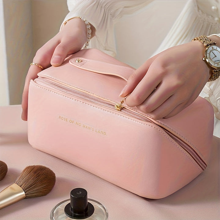 Compact travel makeup bag, PU leather, with a convenient zipper.