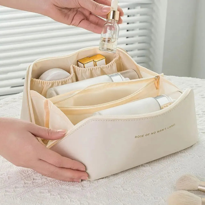 Practical travel makeup organizer, PU leather, with a sturdy zipper.