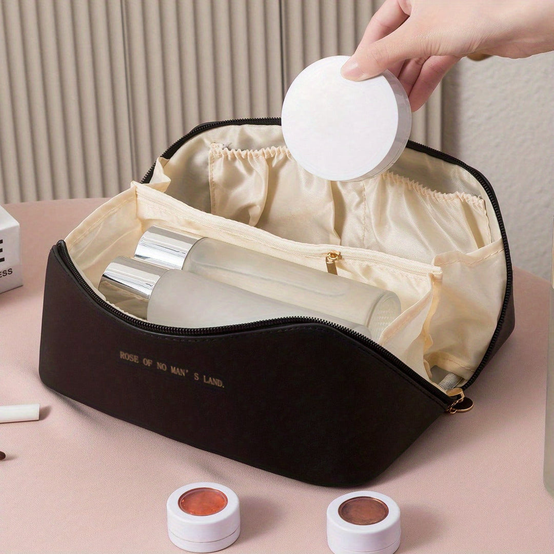 Stylish zippered travel bag for women's makeup and toiletries.