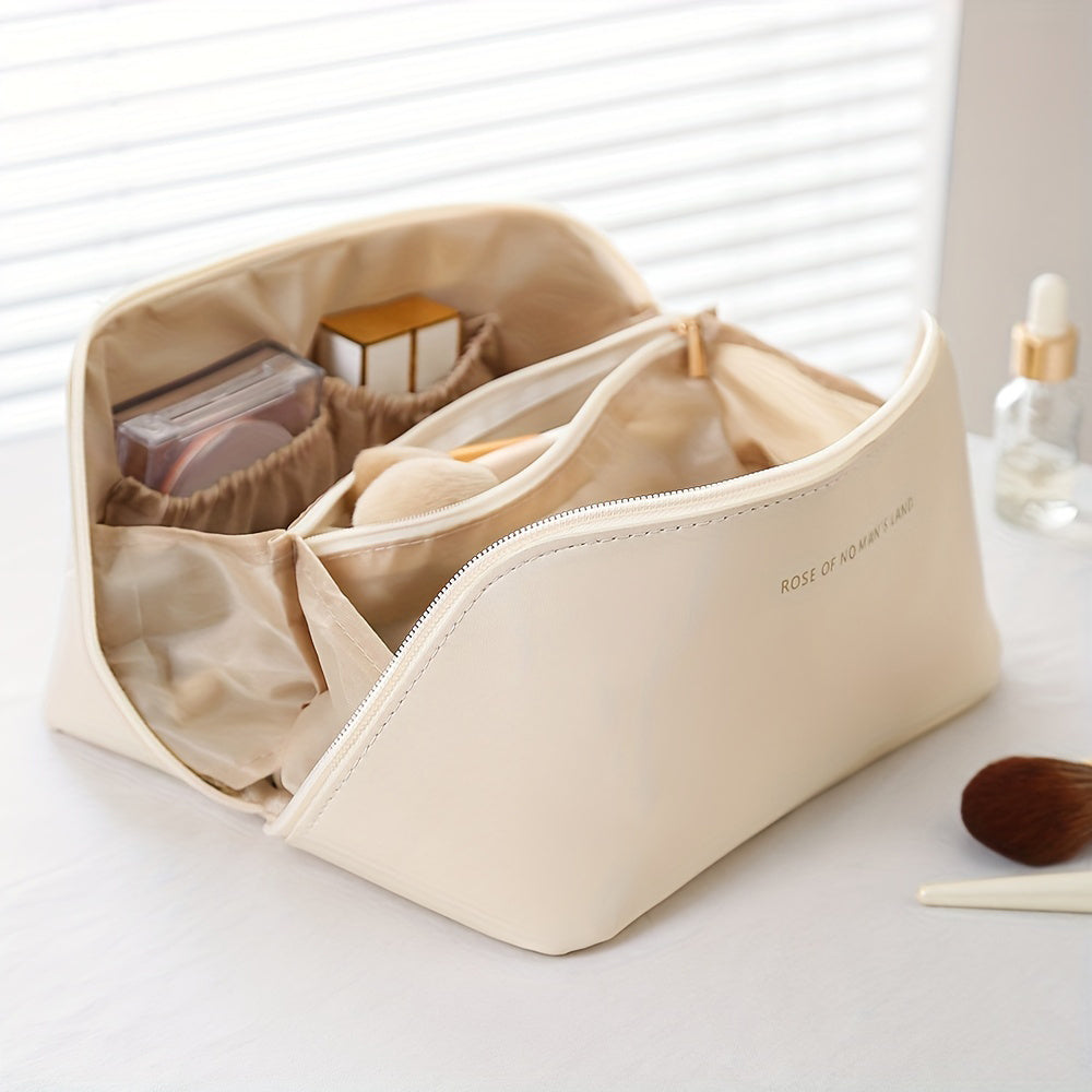 Zippered travel makeup pouch, a luxury accessory for women's cosmetics.