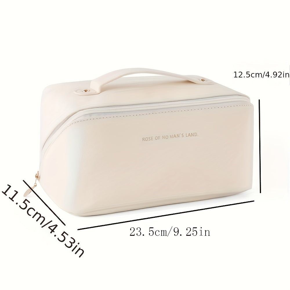 Durable PU leather travel organizer for makeup, secure zip closure.