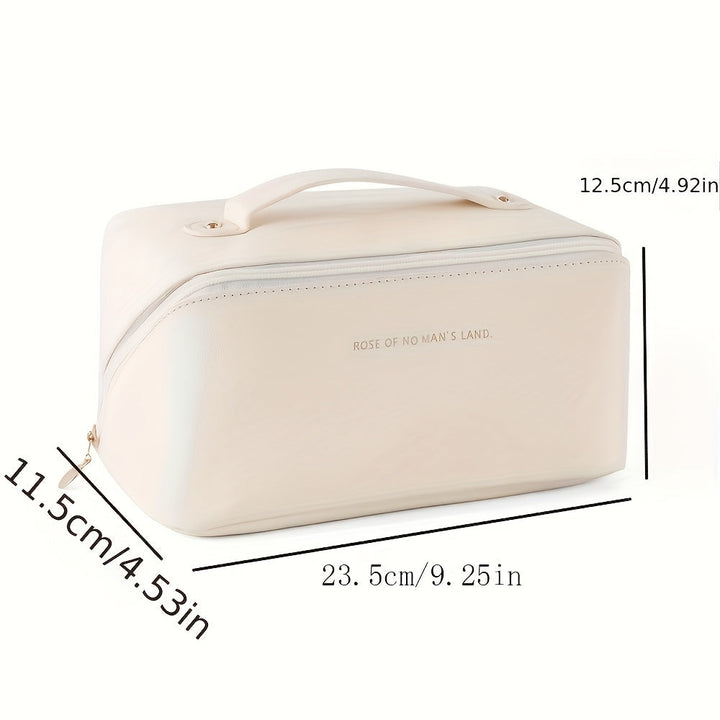 Durable PU leather travel organizer for makeup, secure zip closure.