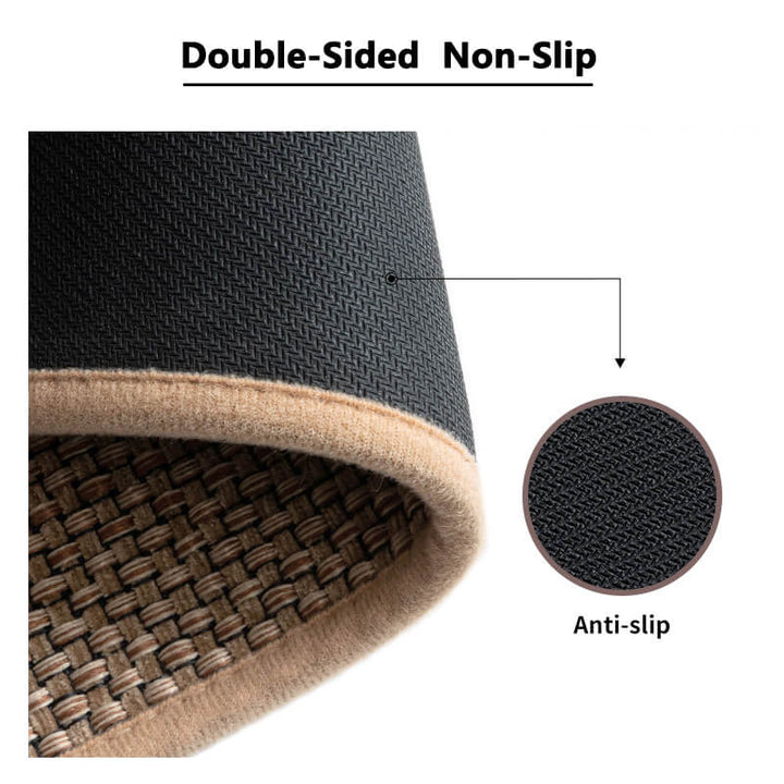 Machine washable woven indoor door mat with a timeless weave pattern, non-slip backing, and plush polypropylene surface.