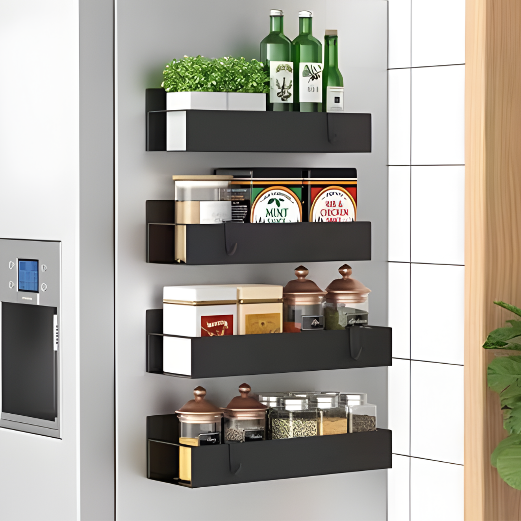 Magnetic spice rack for kitchen organization. Black metal shelf holds spices on refrigerator, saving counter space.