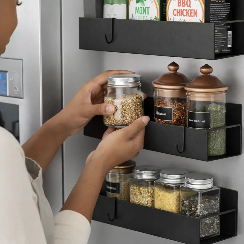 White minimalist magnetic spice storage rack mounted on a fridge, perfect for organizing herbs and spices.