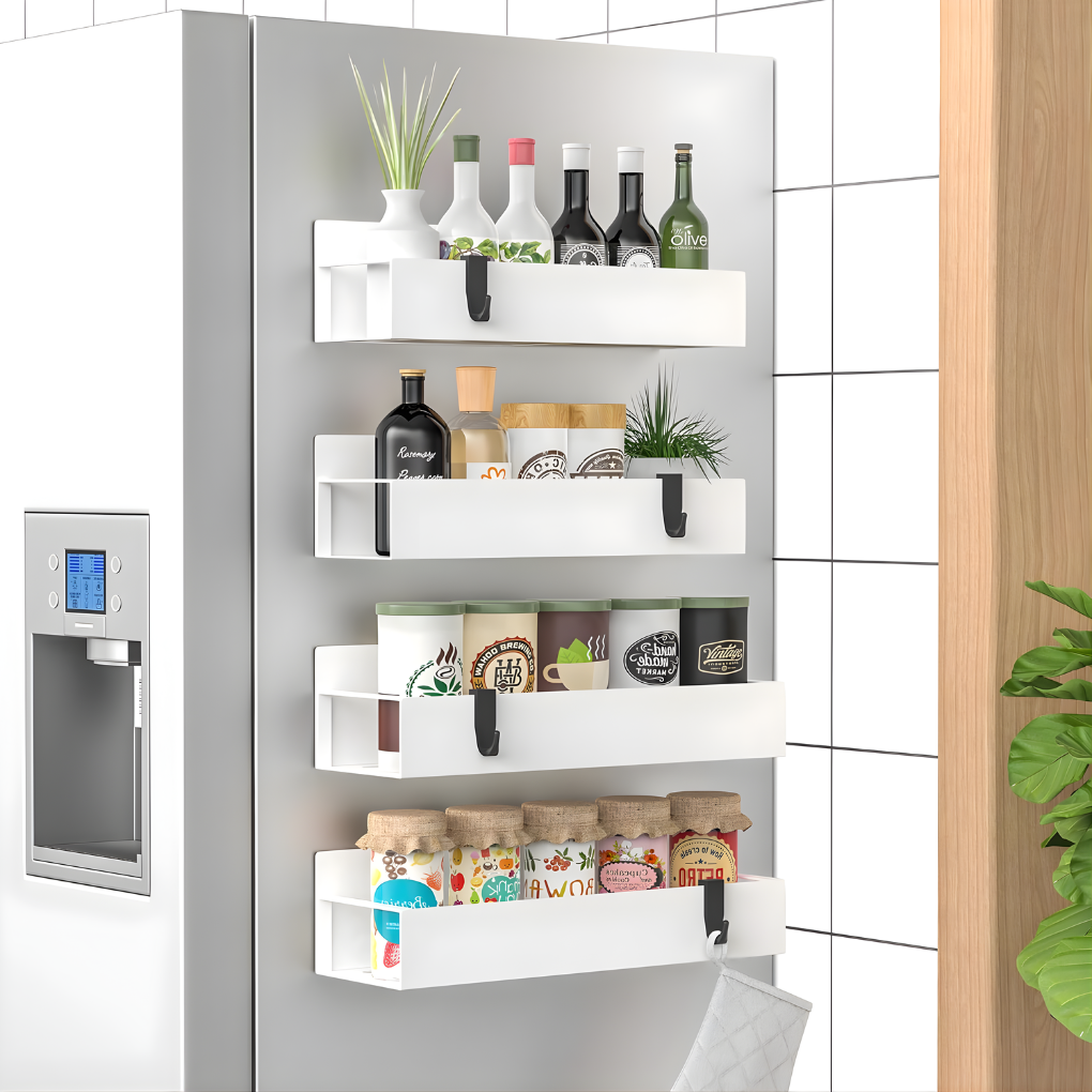 Space-saving magnetic kitchen organizer for spices, attaches to metal surfaces, enhances modern kitchen decor.