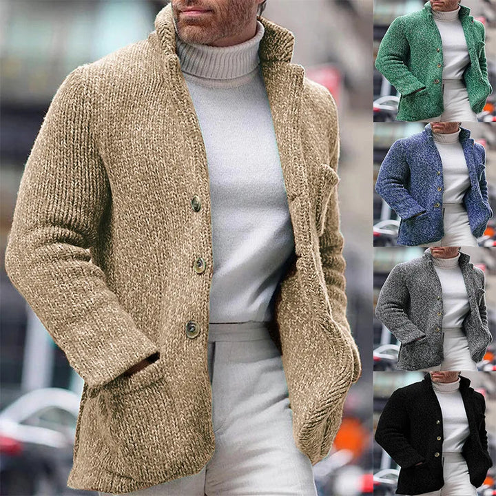Men's Chunky Knit Cardigan with Stand-Up Collar