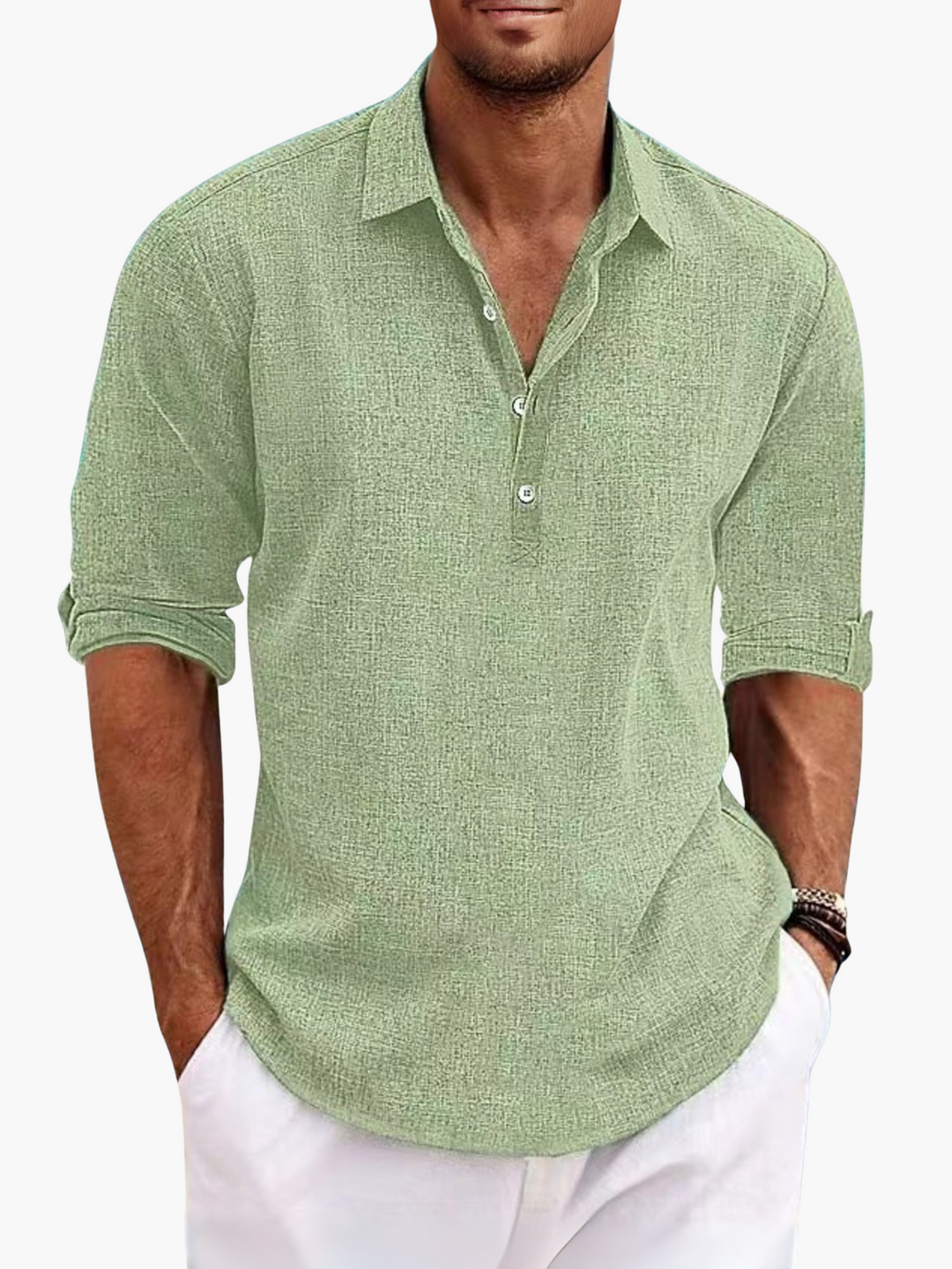 Man in light blue men's casual short sleeve polo shirt, perfect for summer resort wear.