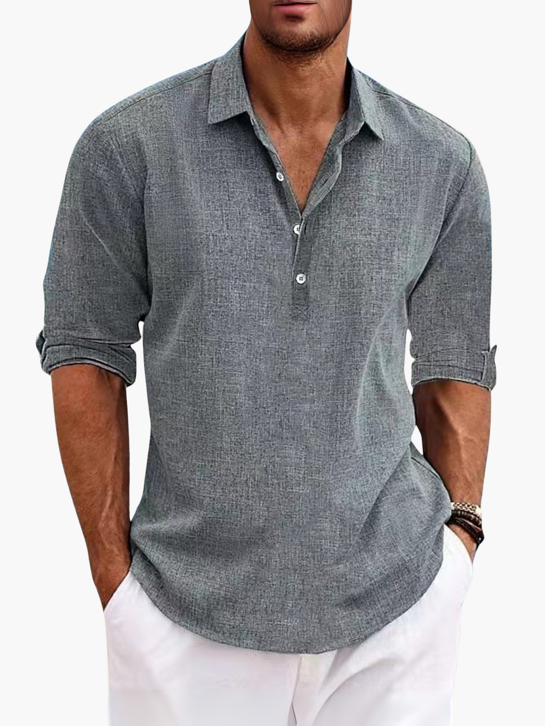 Folded blue men's lightweight polo shirt, a versatile short sleeve top for summer casual outfits.