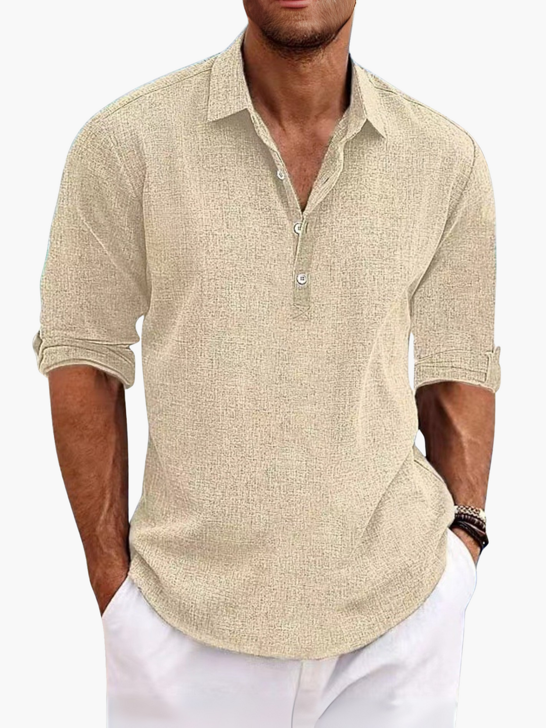 Detail of collar & buttons on a men's casual short sleeve polo, highlighting quality & lightweight style.