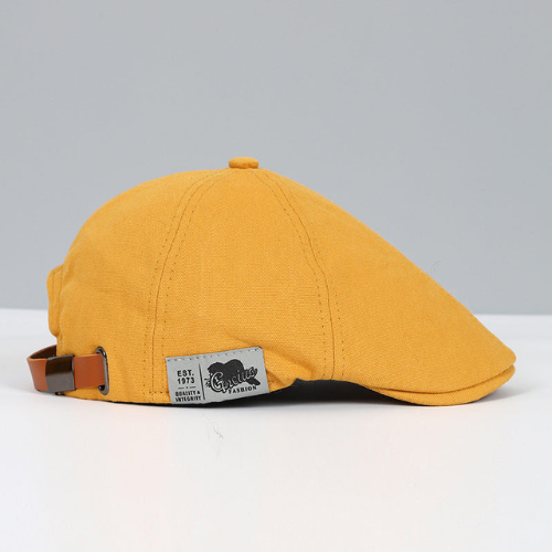 Side profile of a men's adjustable beret hat, highlighting its classic shape and modern elegant design.