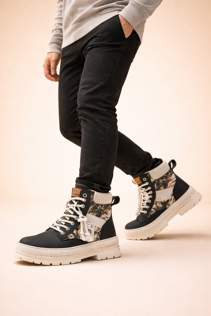 Trendy men's Archie statement high-top lace-up boots. Fashionable ankle boots for modern street style & men's fashion.